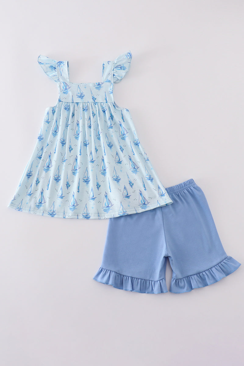 Blue sailboat print girl set - Giggles with Grace