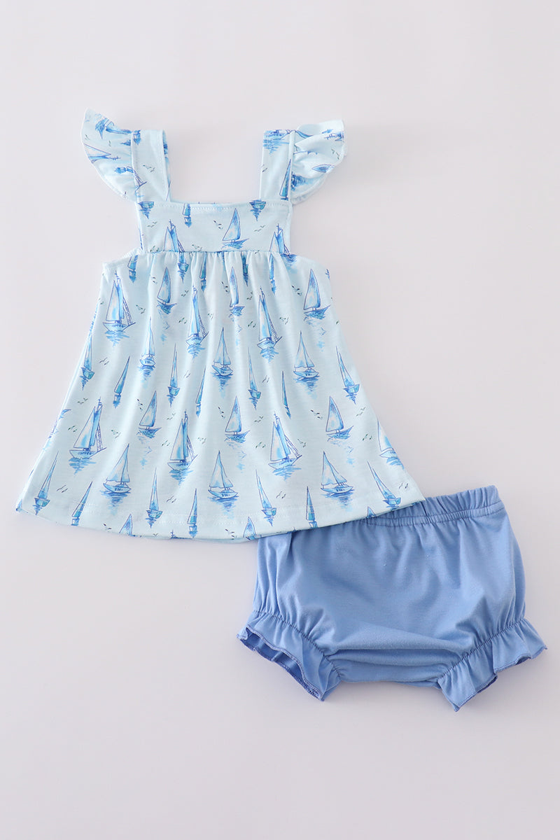 Blue sailboat print girl bloomer set - Giggles with Grace