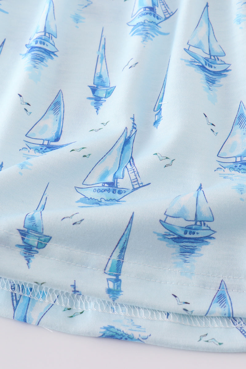 Blue sailboat print girl bloomer set - Giggles with Grace