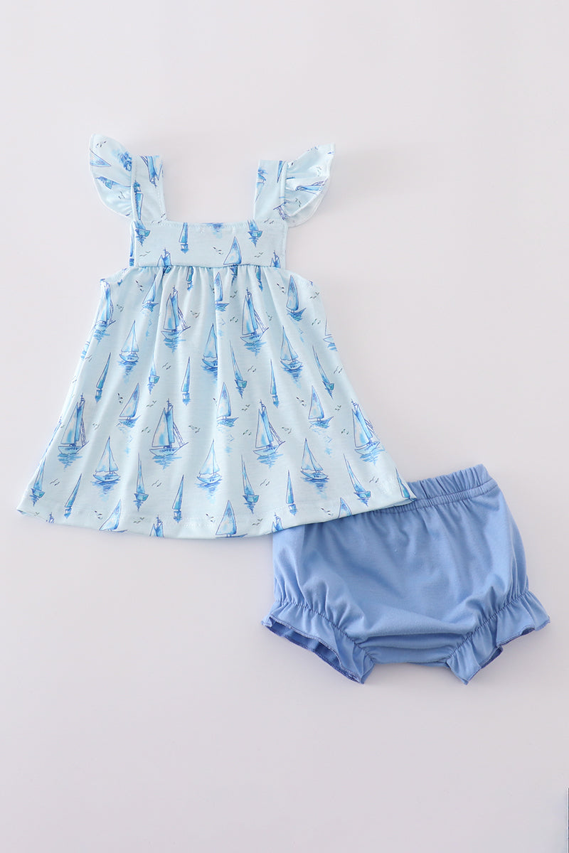 Blue sailboat print girl bloomer set - Giggles with Grace