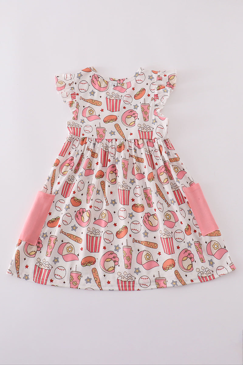 Pink baseball print girl dress - Giggles with Grace