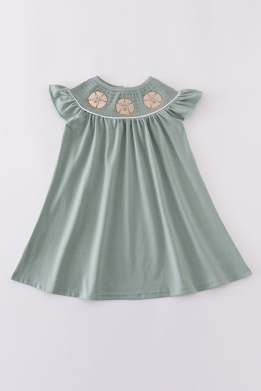 Sage sand dollar embroidery smocked girl dress - Giggles with Grace