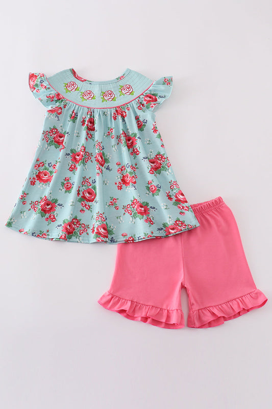 Rosebud bliss print smocked girl set - Giggles with Grace