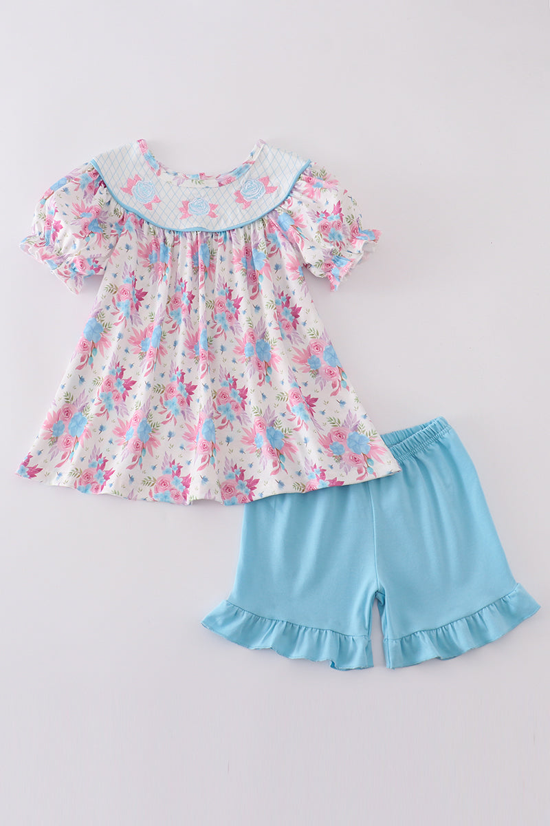 Blue petal meadow embroidery girl set - Giggles with Grace