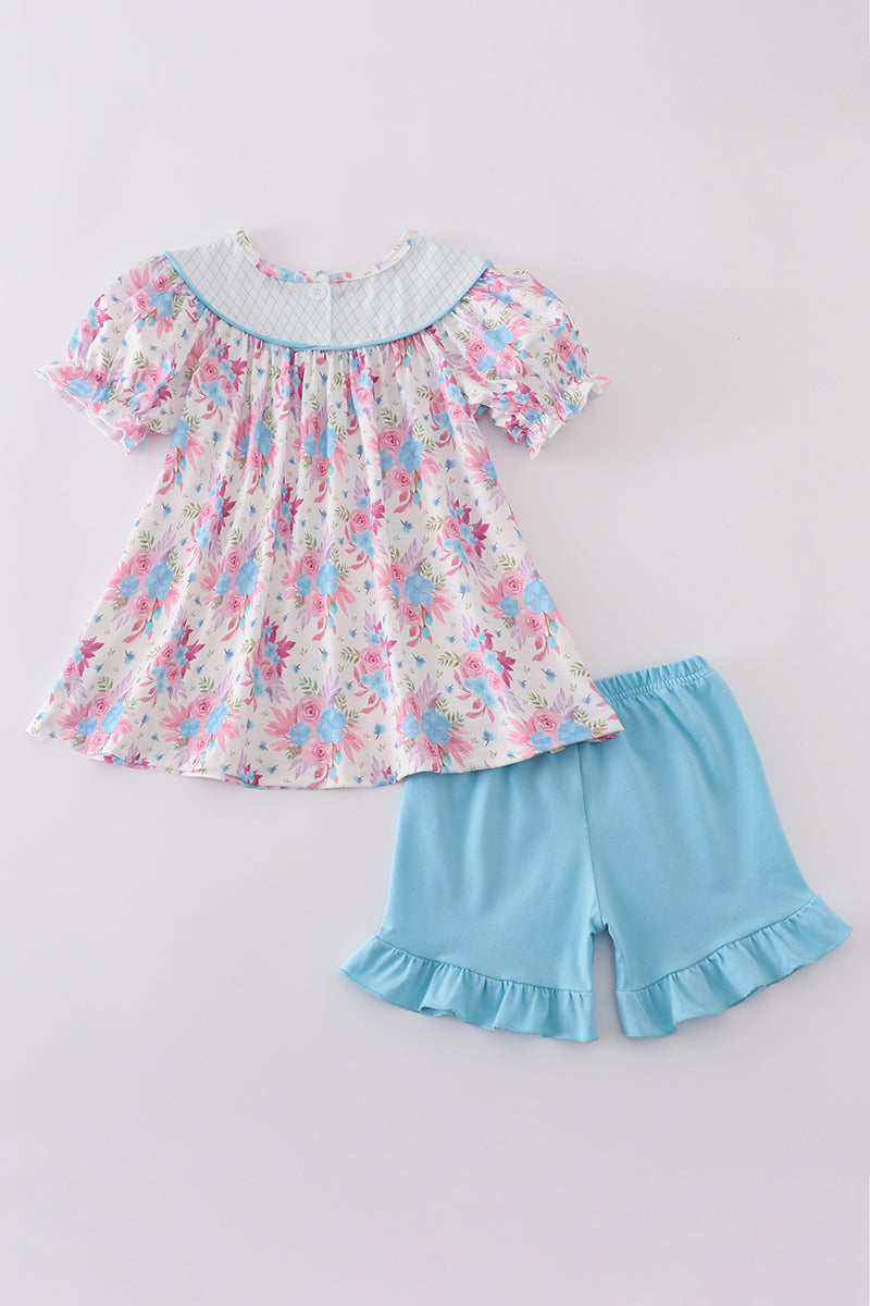 Blue petal meadow embroidery girl set - Giggles with Grace