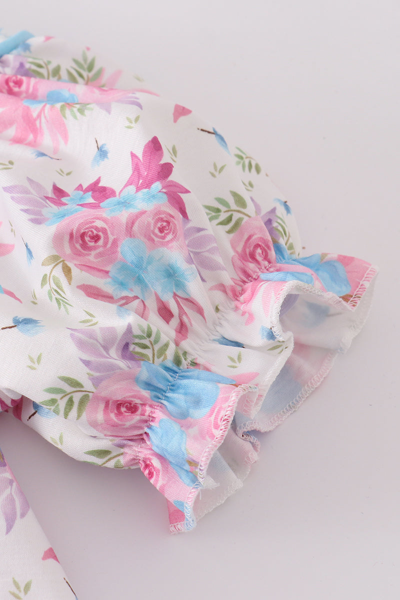 Blue petal meadow embroidery girl set - Giggles with Grace