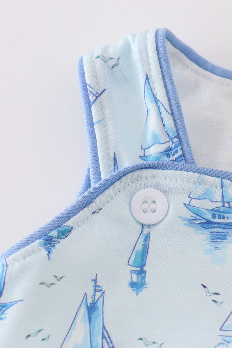 Blue sailboat print boy bubble - Giggles with Grace
