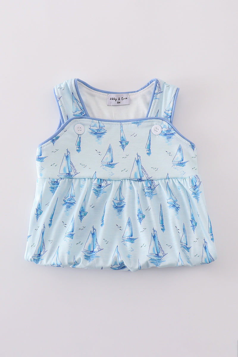 Blue sailboat print boy bubble - Giggles with Grace
