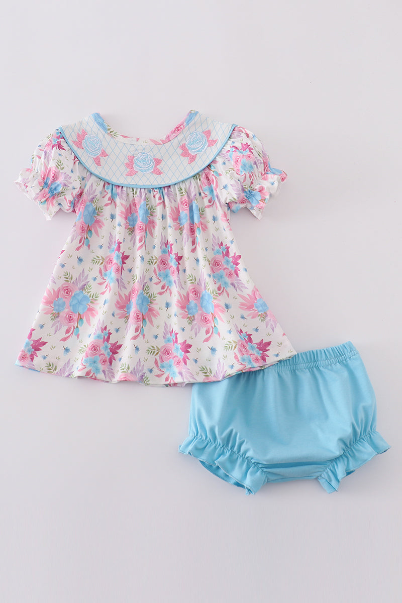 Blue petal meadow embroidery girl bloomer set - Giggles with Grace