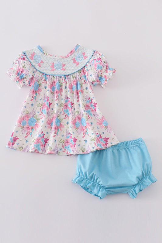 Blue petal meadow embroidery girl bloomer set - Giggles with Grace