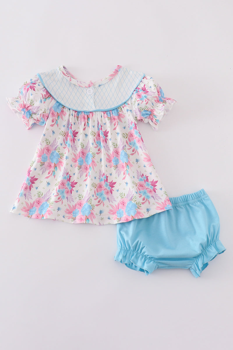 Blue petal meadow embroidery girl bloomer set - Giggles with Grace