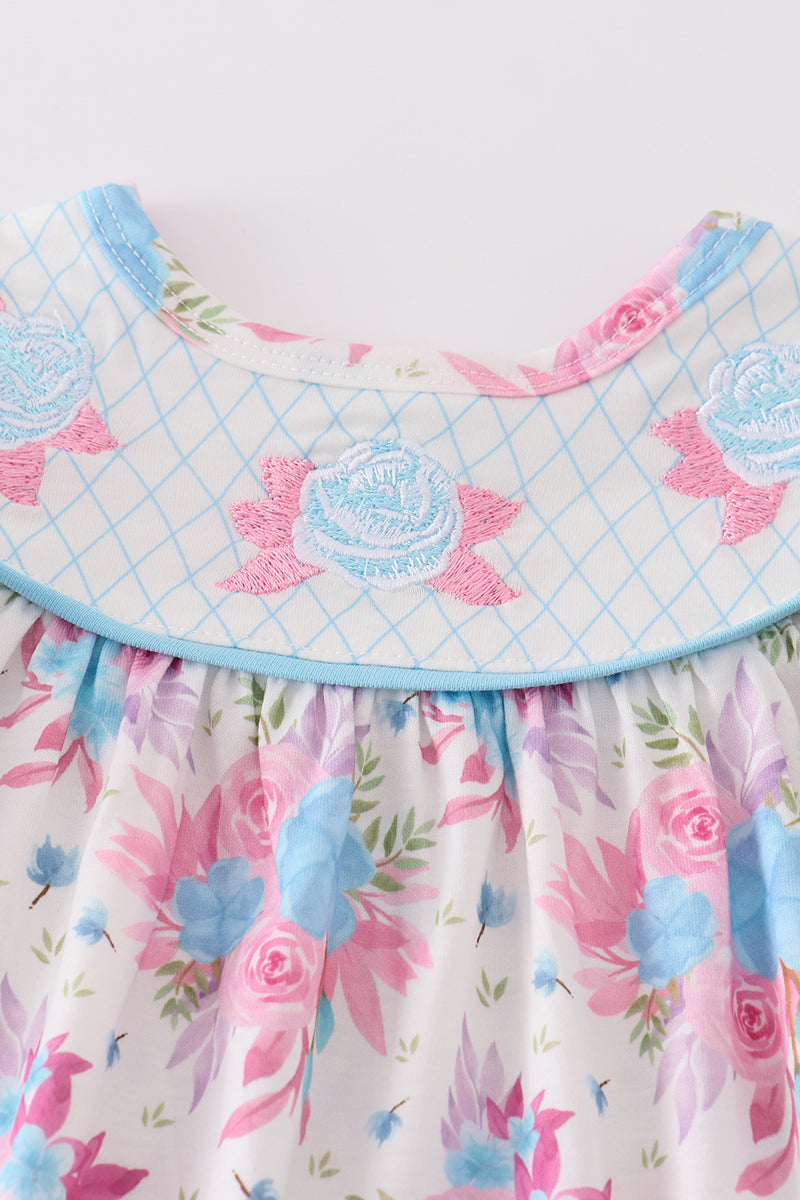 Blue petal meadow embroidery girl bloomer set - Giggles with Grace