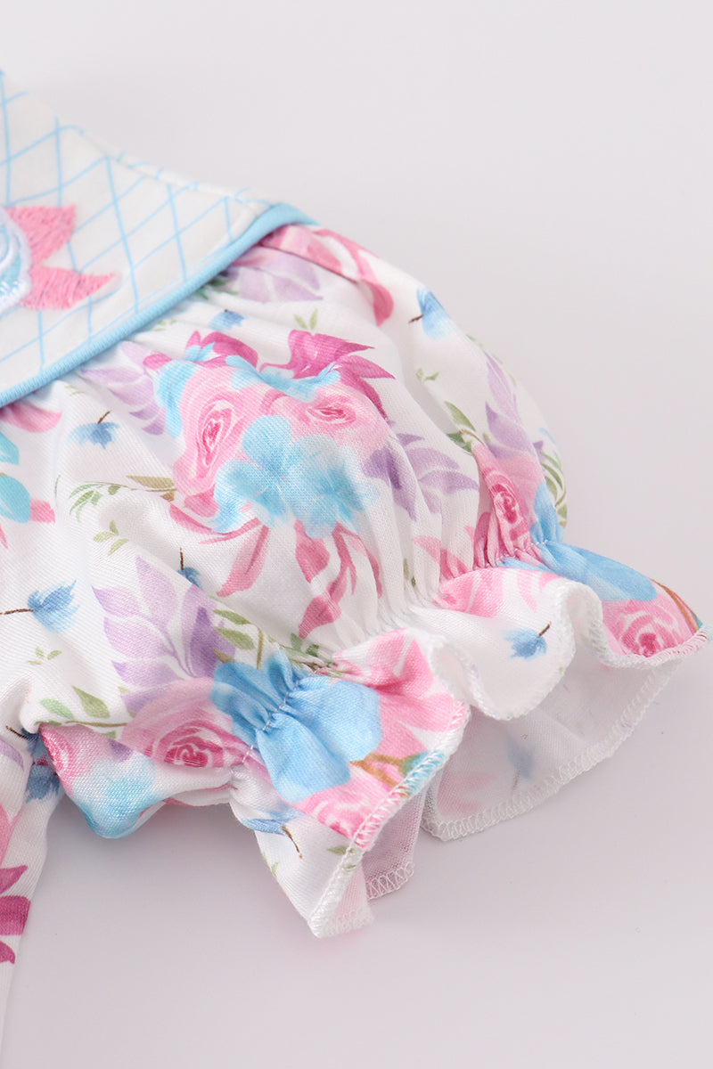 Blue petal meadow embroidery girl bloomer set - Giggles with Grace