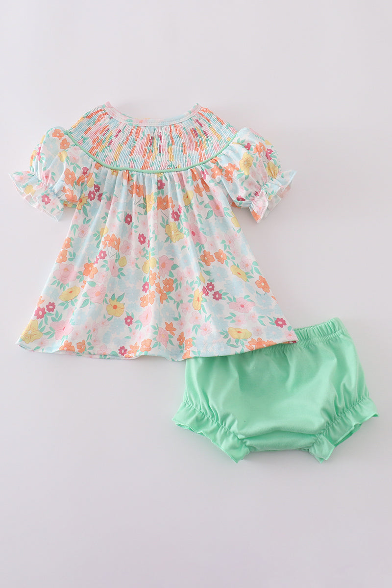 Green springtime bloom smocked girl bloomer set - Giggles with Grace