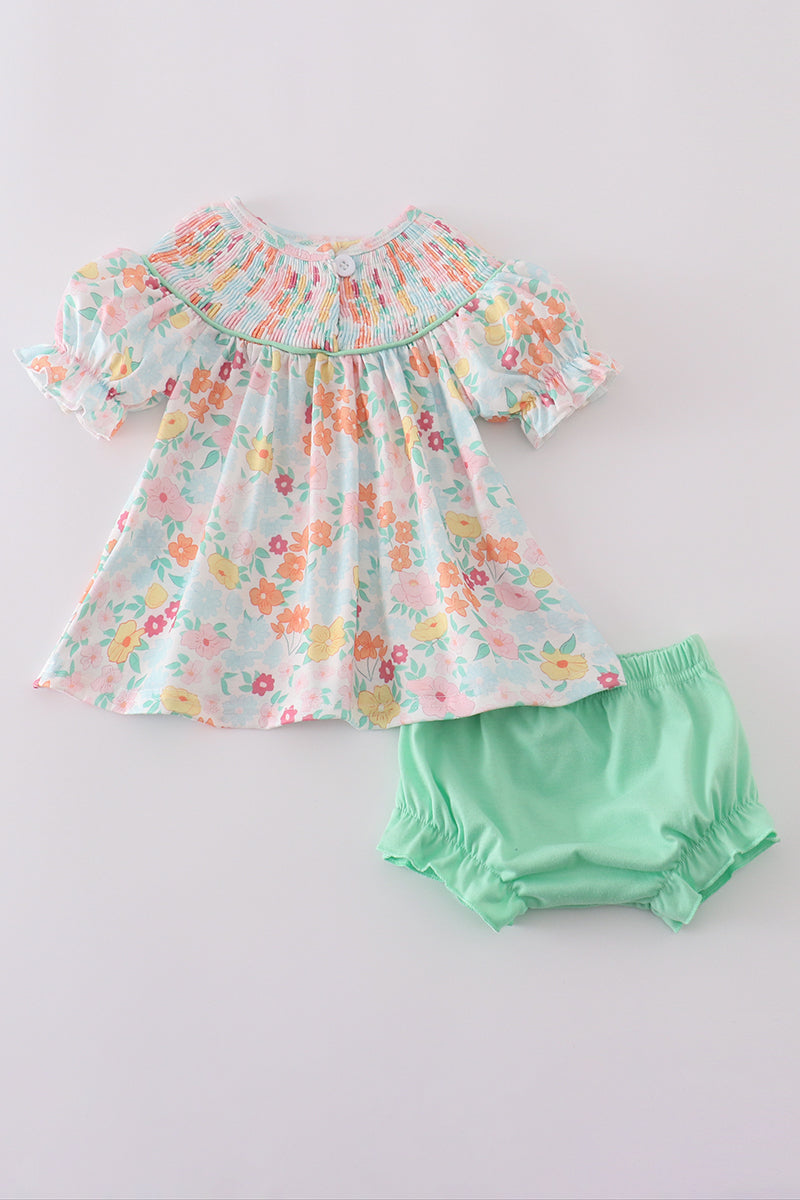 Green springtime bloom smocked girl bloomer set - Giggles with Grace