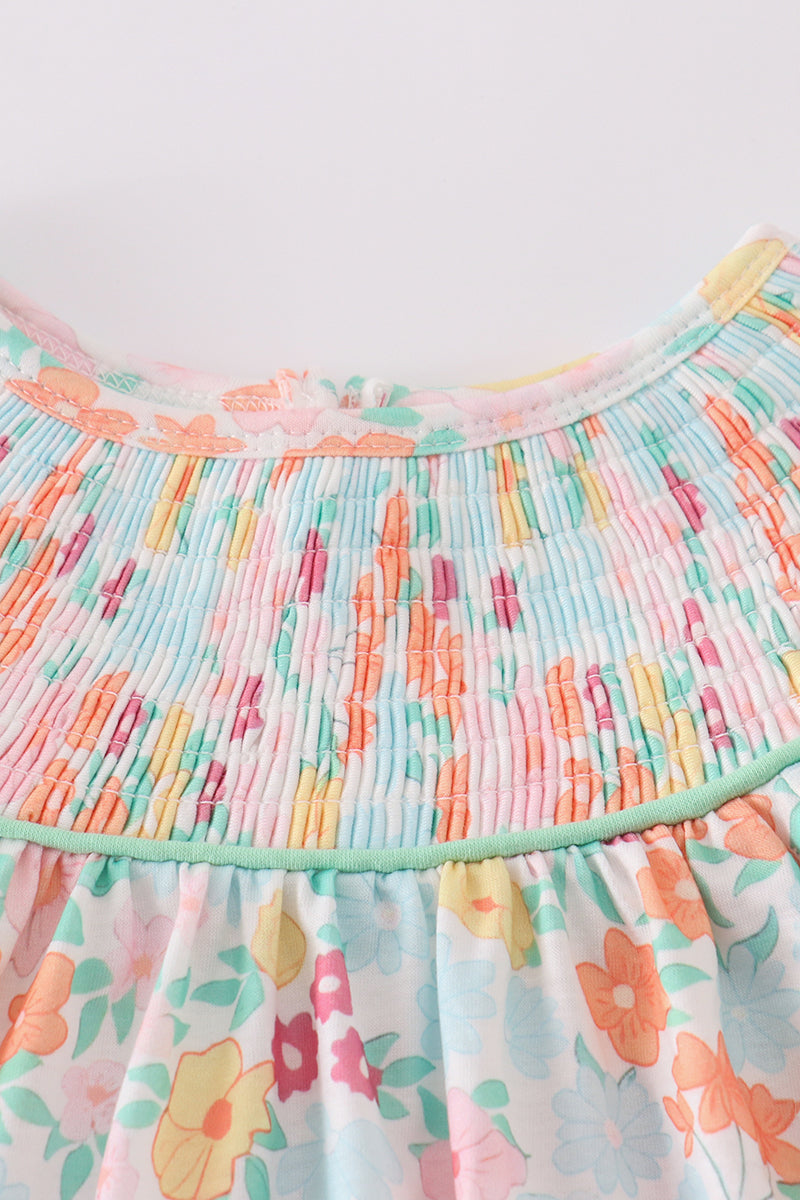 Green springtime bloom smocked girl bloomer set - Giggles with Grace