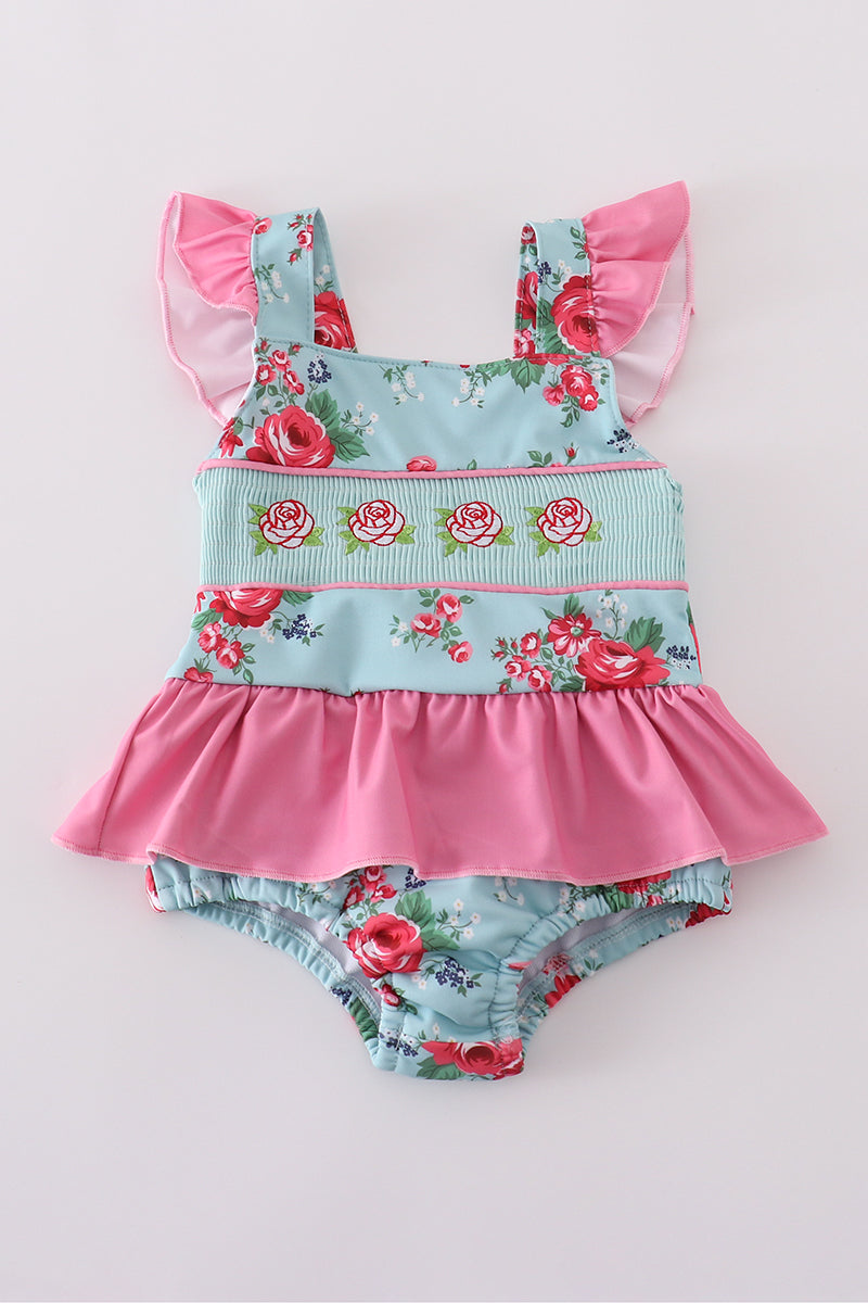 Rosebud bliss print smocked girl one-piece swimsuit - Giggles with Grace