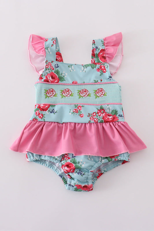 Rosebud bliss print smocked girl one-piece swimsuit - Giggles with Grace