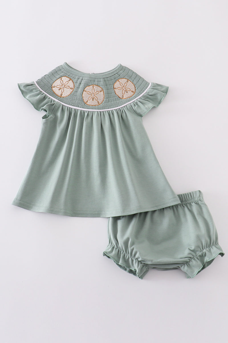 Sage sand dollar embroidery smocked girl bloomer set - Giggles with Grace