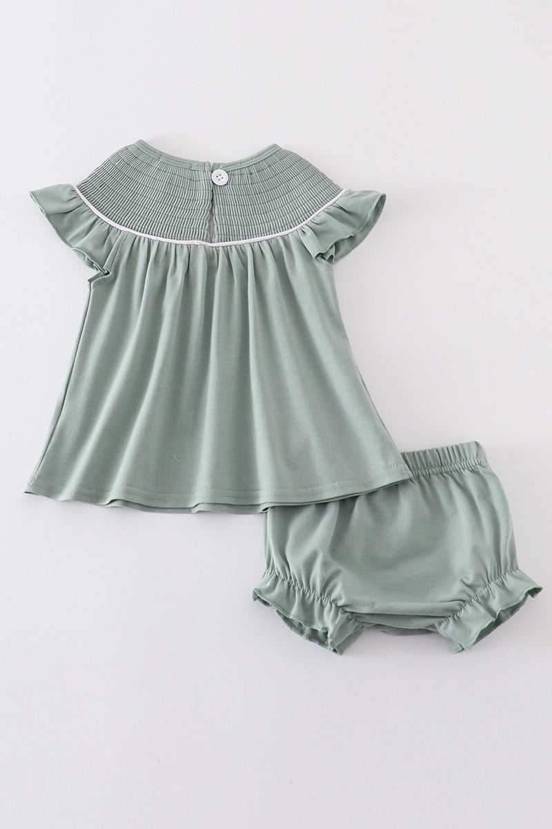 Sage sand dollar embroidery smocked girl bloomer set - Giggles with Grace