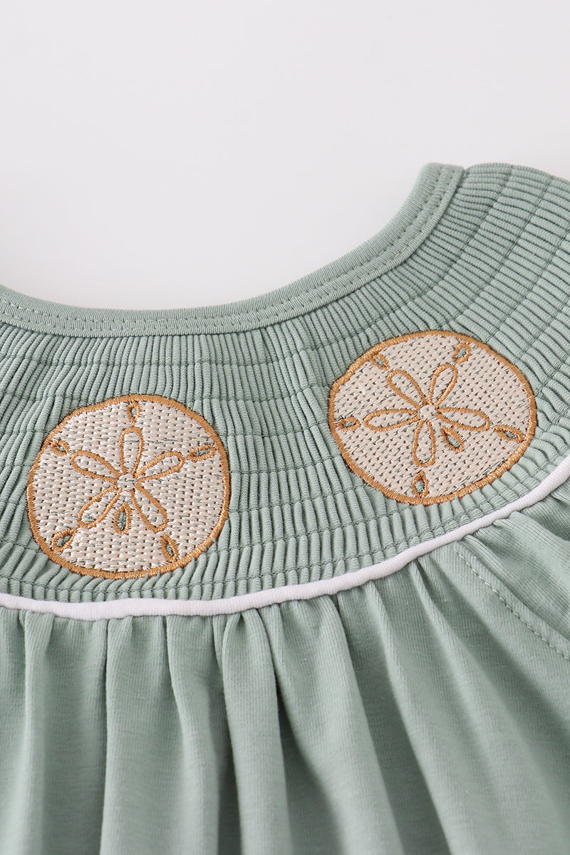 Sage sand dollar embroidery smocked girl bloomer set - Giggles with Grace