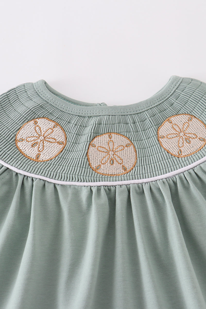 Sage sand dollar embroidery smocked girl dress - Giggles with Grace