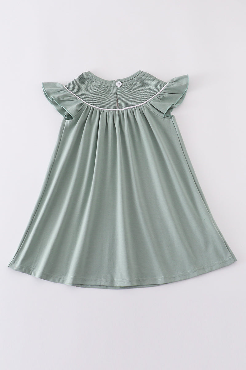 Sage sand dollar embroidery smocked girl dress - Giggles with Grace