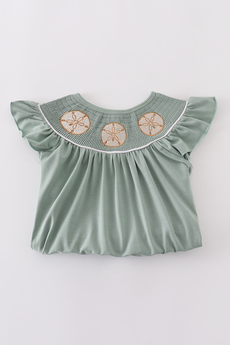 Sage sand dollar embroidery smocked girl dress - Giggles with Grace