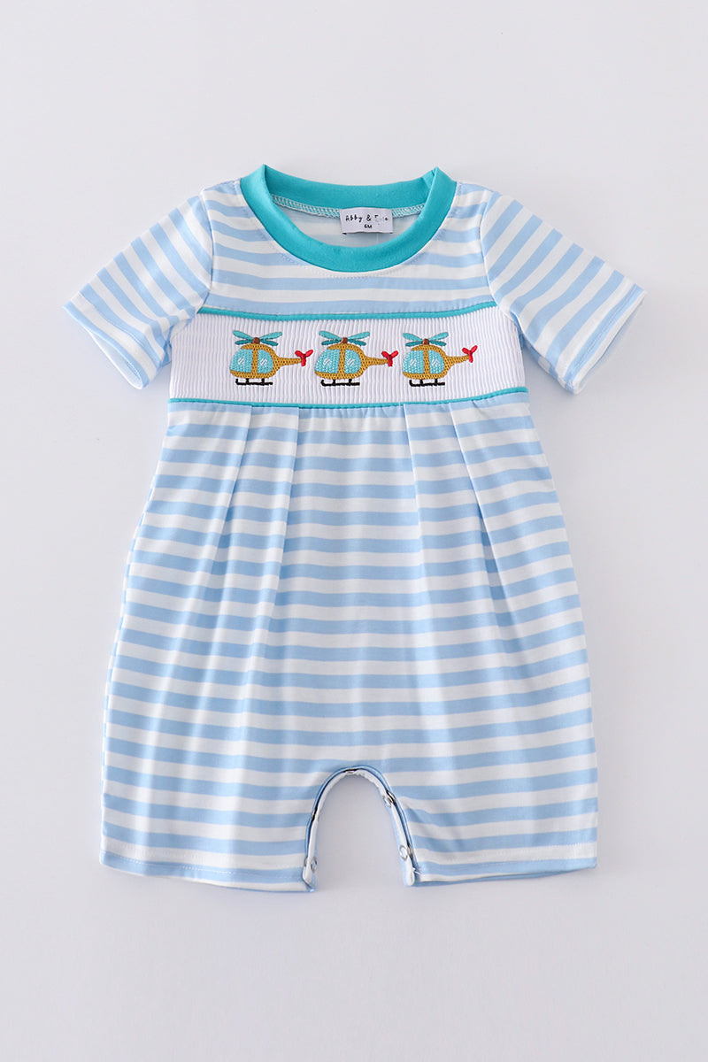 Blue stripe helicopter embroidery smocked boy romper - Giggles with Grace