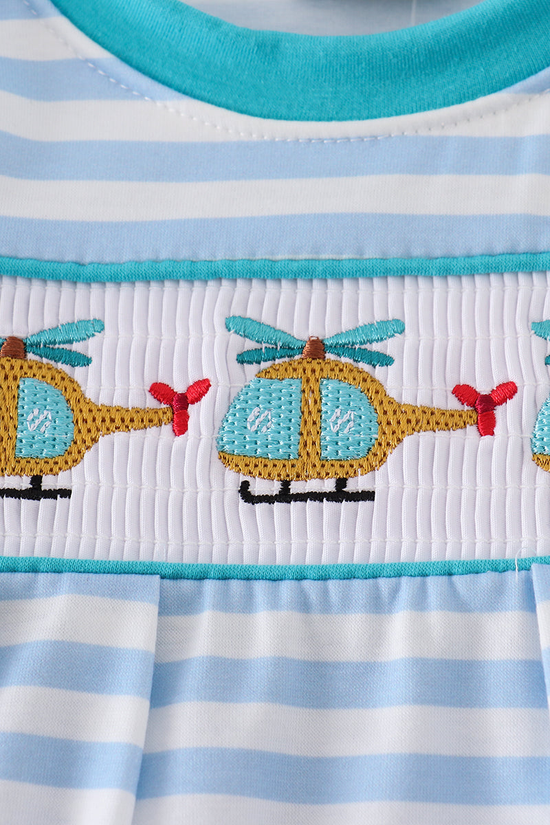 Blue stripe helicopter embroidery smocked boy romper - Giggles with Grace