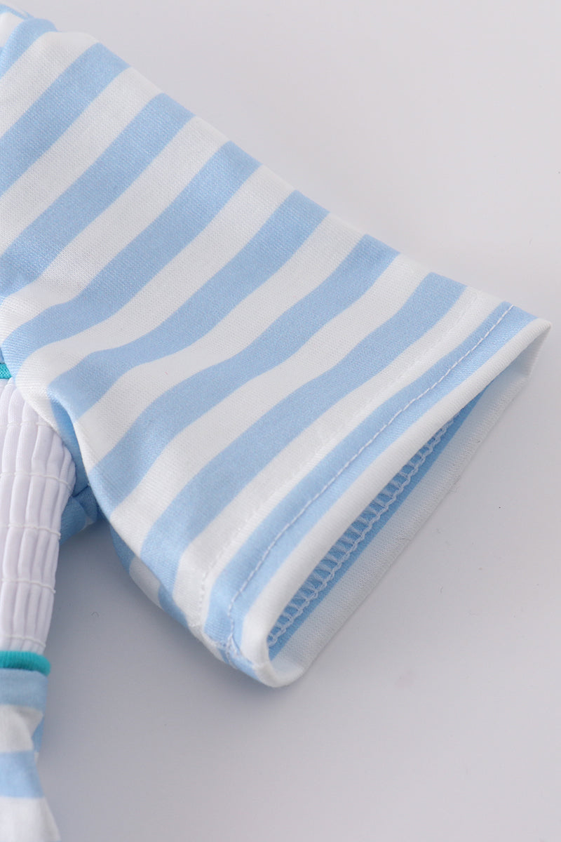 Blue stripe helicopter embroidery smocked boy romper - Giggles with Grace