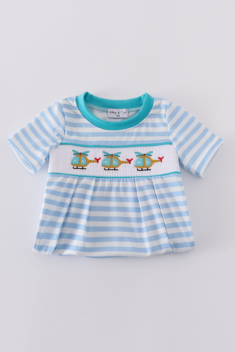 Blue stripe helicopter embroidery smocked boy romper - Giggles with Grace
