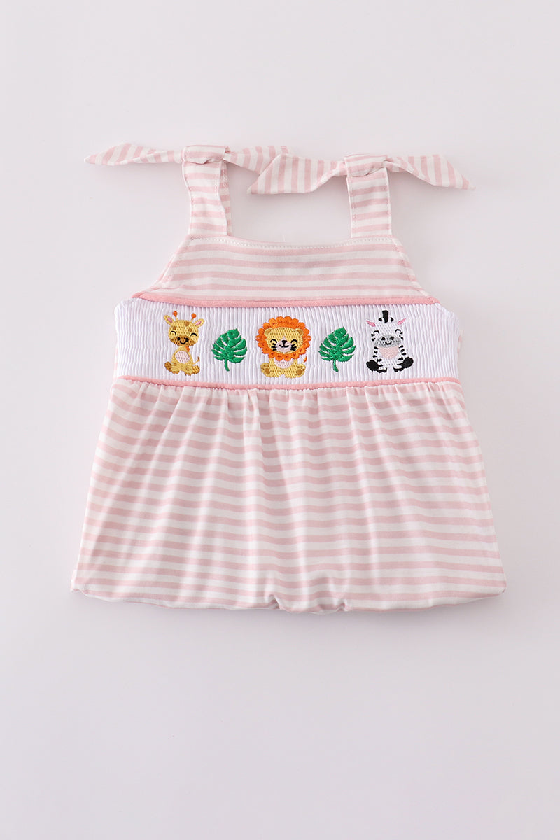 Pink stripe animal embroidery smocked bloomer set - Giggles with Grace