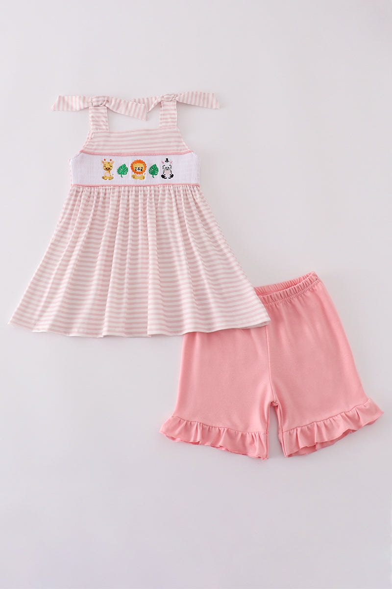 Pink stripe animal embroidery smocked set - Giggles with Grace