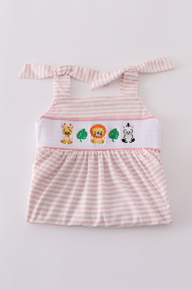 Pink stripe animal embroidery smocked set - Giggles with Grace