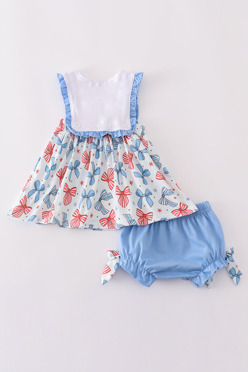 Bow trellis print embroidery ruffle bloomer set - Giggles with Grace