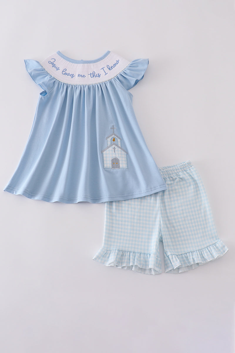 Blue jesus loves me this I know smocked set - Giggles with Grace