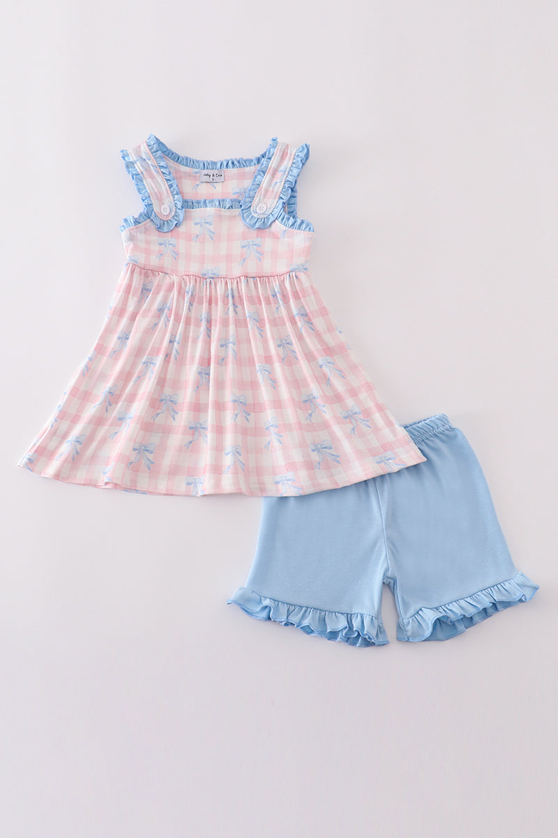 Pink plaid bow print gingham shorts set - Giggles with Grace