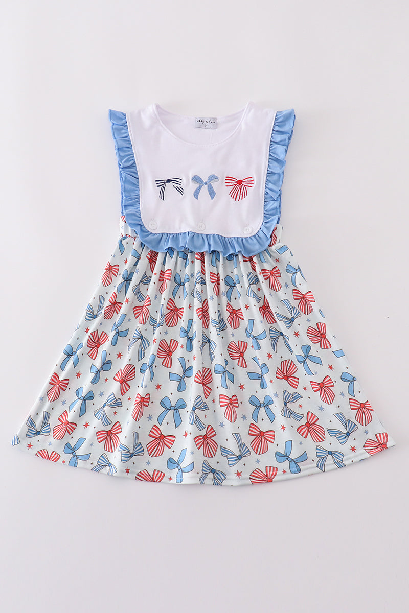 Bow trellis print embroidery ruffle dress - Giggles with Grace