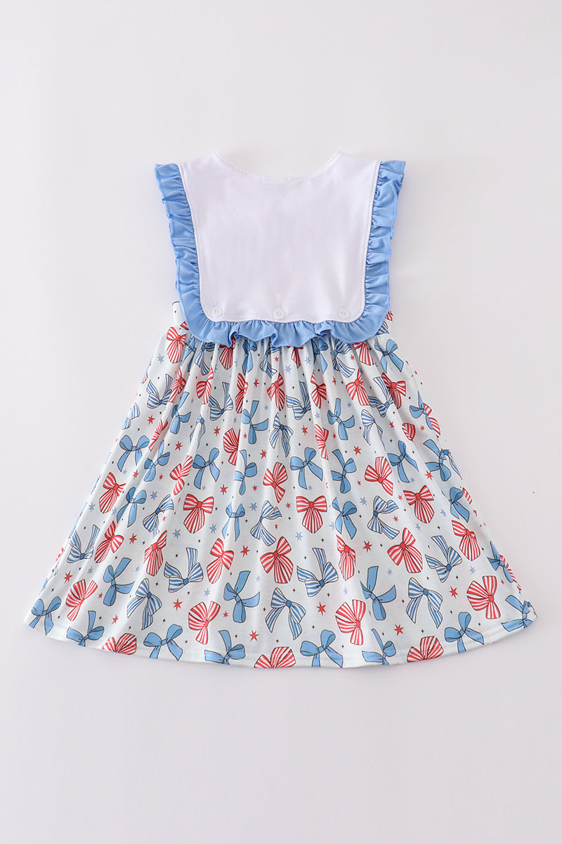 Bow trellis print embroidery ruffle dress - Giggles with Grace