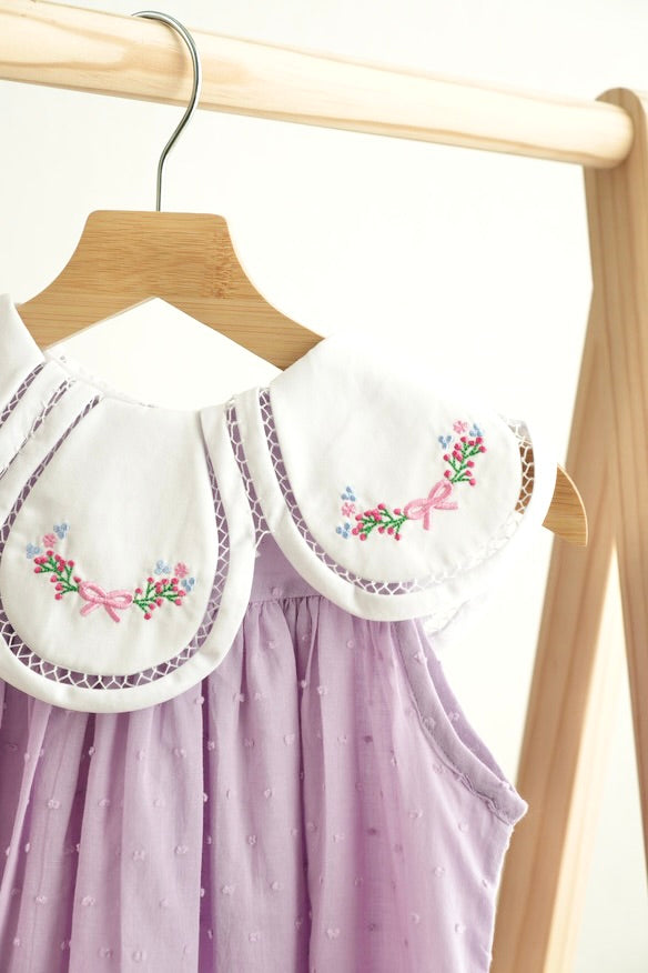 Lavender floral bow embroidery swiss dot girl dress - Giggles with Grace