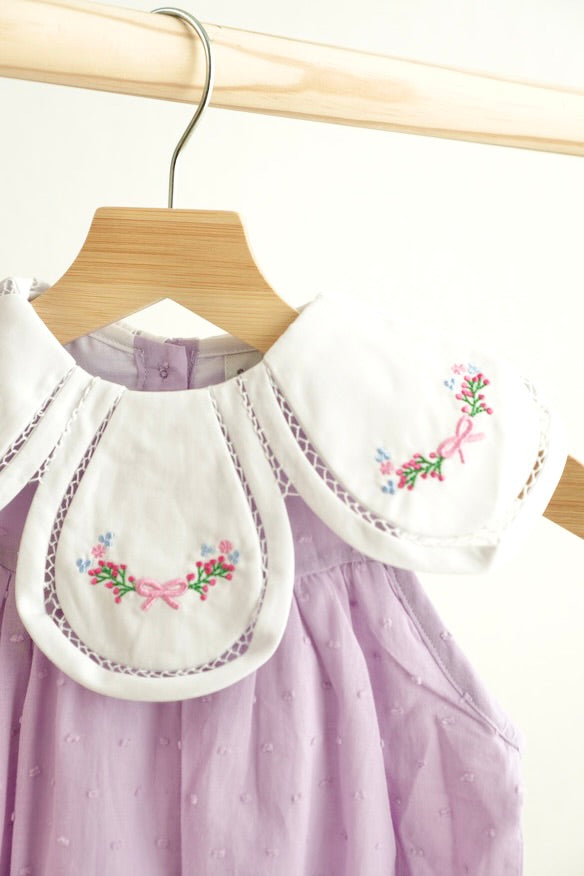 Lavender floral bow embroidery swiss dot girl bubble - Giggles with Grace