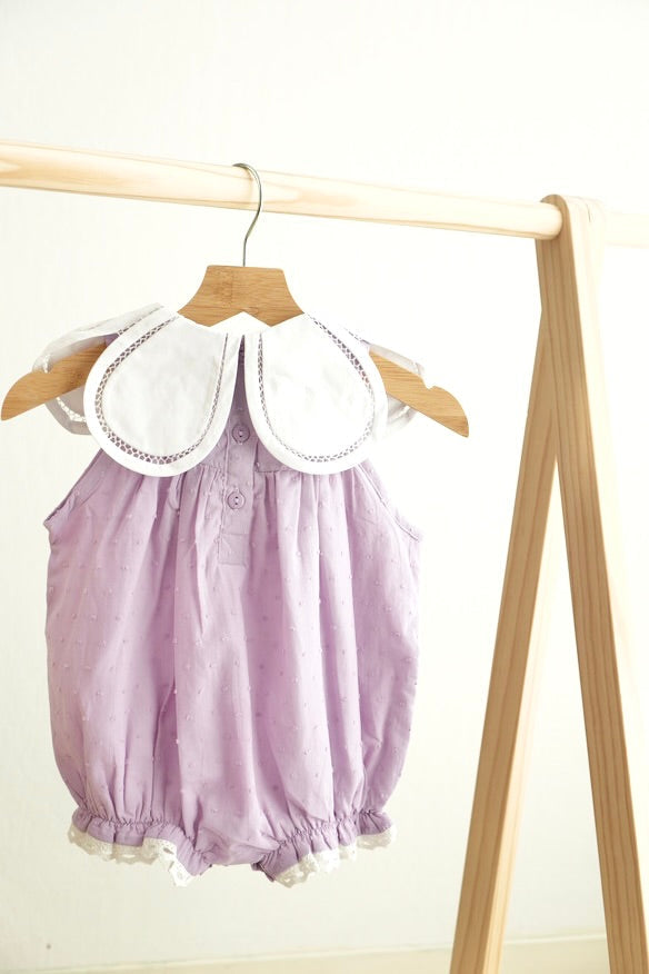 Lavender floral bow embroidery swiss dot girl bubble - Giggles with Grace