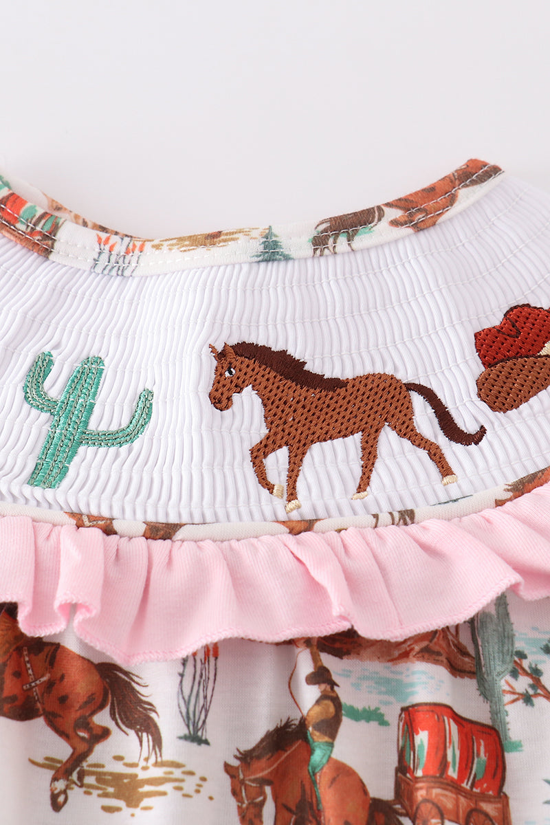 Pink western cowboy embroidery smocked bloomer set - Giggles with Grace