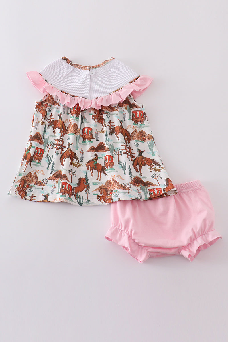 Pink western cowboy embroidery smocked bloomer set - Giggles with Grace