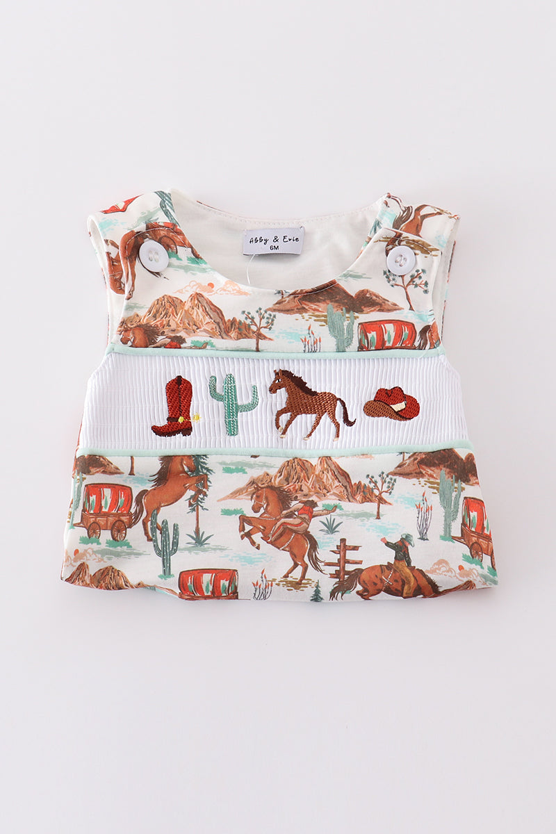 Pink western cowboy embroidery smocked bloomer set - Giggles with Grace