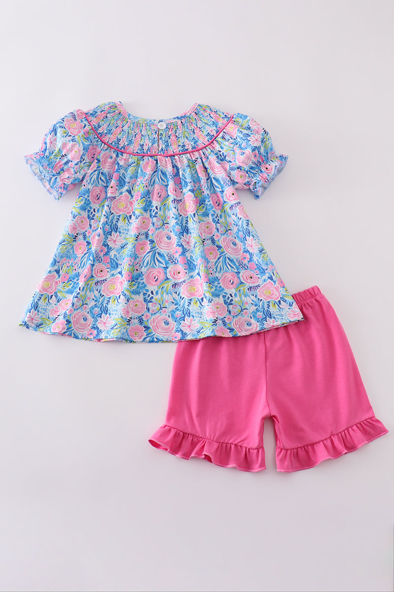 Blue blossom charm smocked girl set - Giggles with Grace