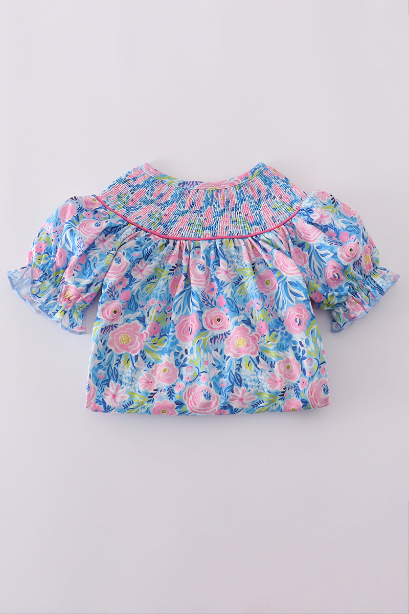 Blue blossom charm smocked girl set - Giggles with Grace