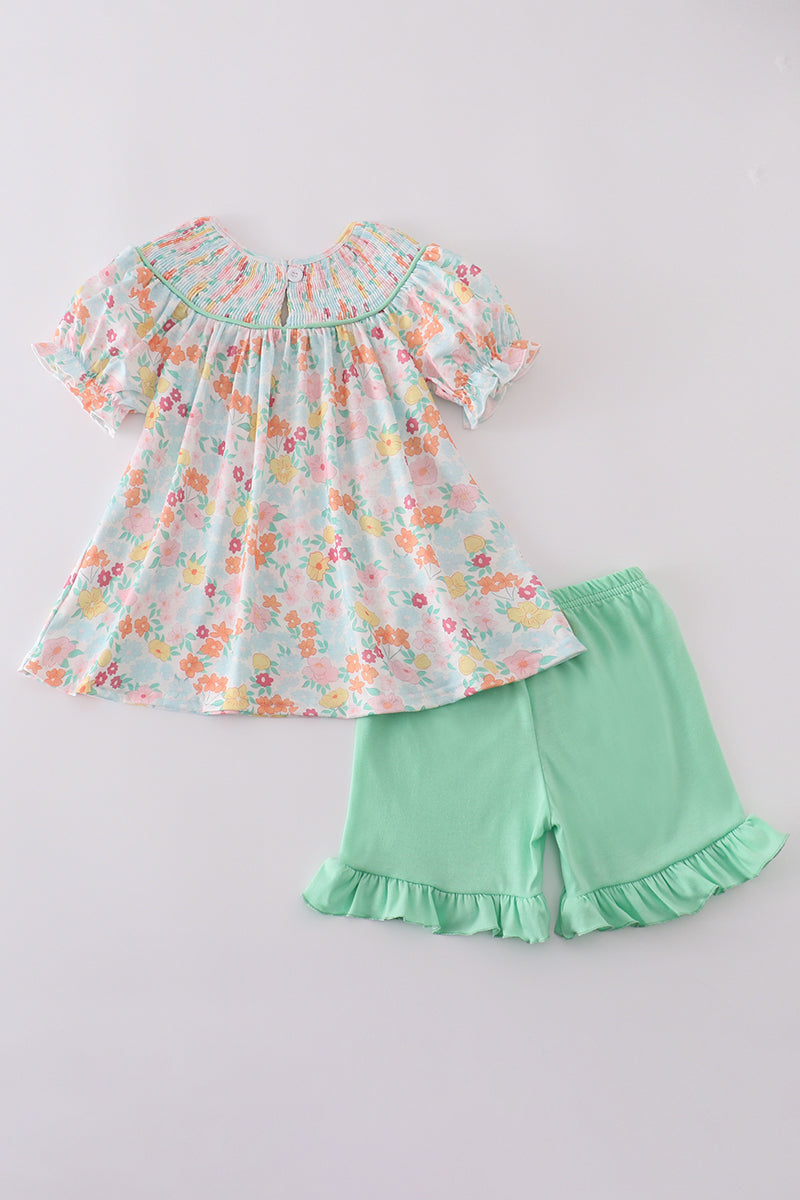 Green springtime bloom smocked girl set - Giggles with Grace