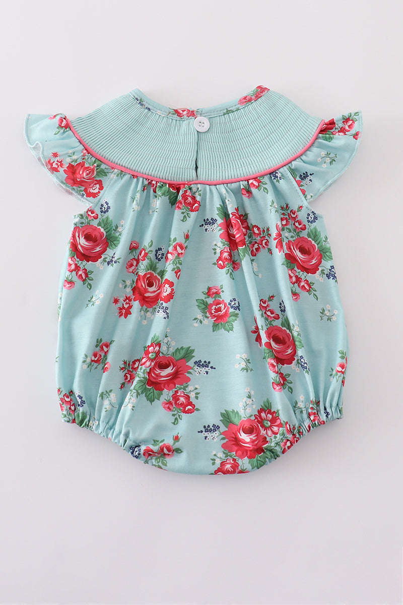 Rosebud bliss print smocked girl bubble - Giggles with Grace